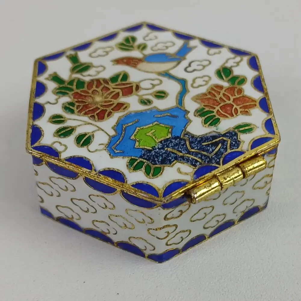 Vintage Cloisonné Hexagonal Pill Box – Floral & Crane Motif Blue Enamel Interior